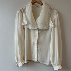 Elegant Cream Women's Top with Large Lace Trim Collar